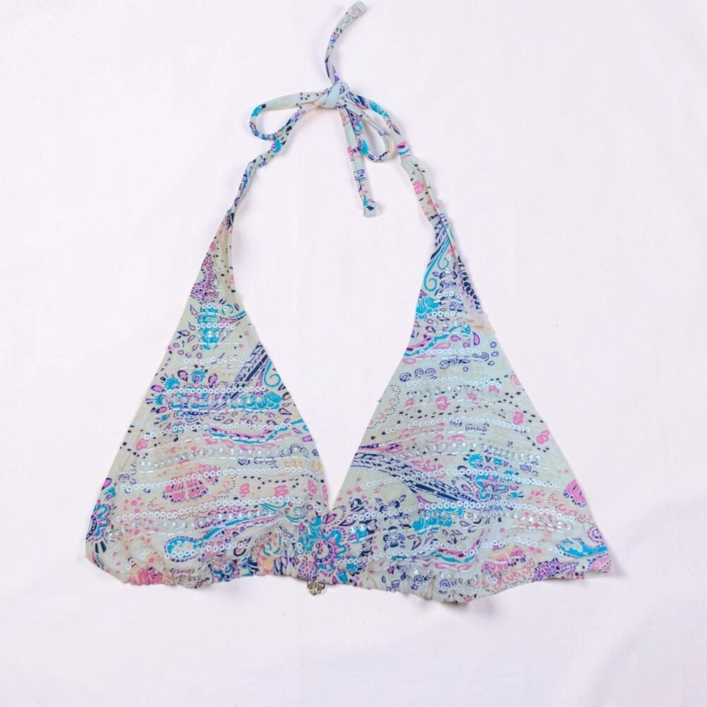 Miss Me Dazzle Sequin Paisley Triangle Bikini Halter Tie Swim Top XL